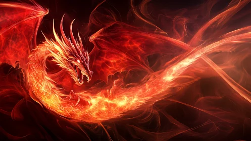 Blazing comet-dragon corkscrews through molten twilight air