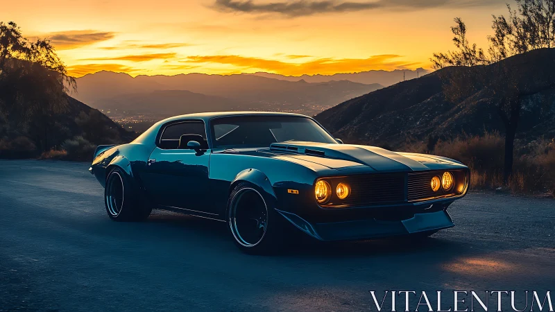 Sunset highway muscle car poised above glowing valley.