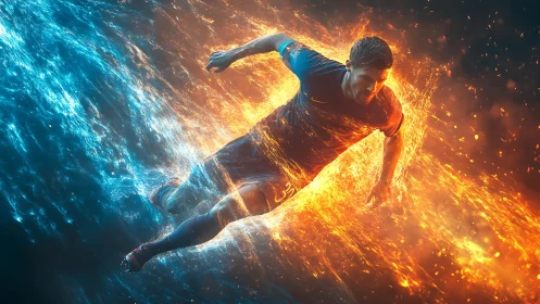 Kinetic soccer sprinter traversing dual fire and water fields.