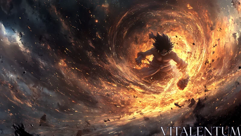 Fiery anime hero swirling through a storm of blazing power.