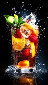 Tall glass with cola, ice, citrus slices, raspberries, ice splashing outward