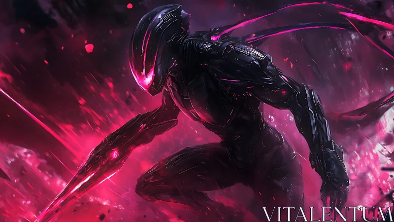 Neon cybernetic warrior charges through a storm of pink light