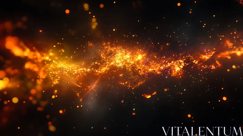 Molten particles cascade through darkness in explosive golden fire.