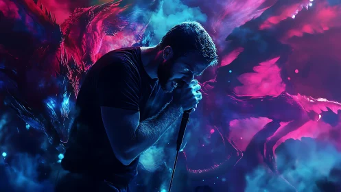 Electric night roar with singer and neon dream dragons.