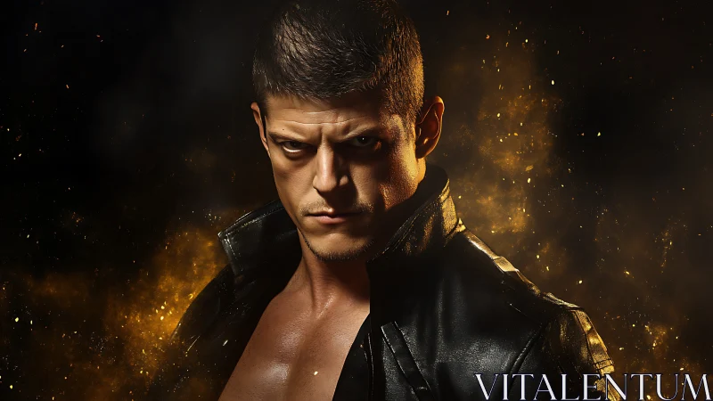 Brooding man in leather jacket framed by fiery golden haze.