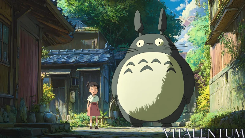 Child and forest spirit in sunlit hand-drawn alleyway scene.