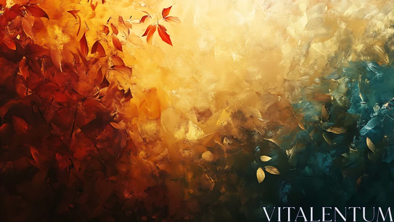 Abstract foliage gradient in red, gold, and deep teal tones.