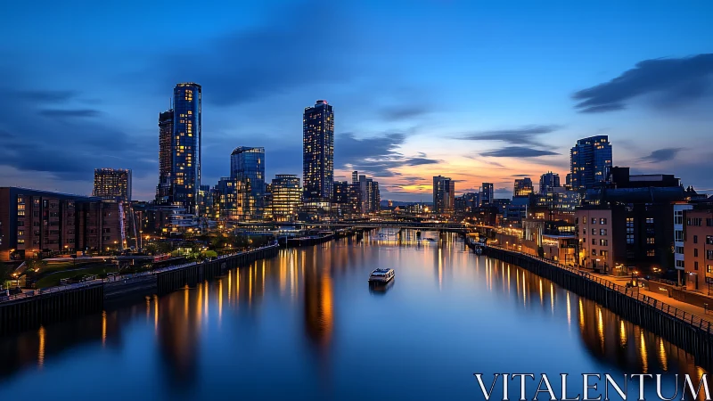 City lights drift downstream as blue-hour clouds whisper above