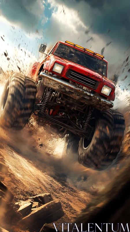 Roaring red monster truck kicking up stormy desert dust.