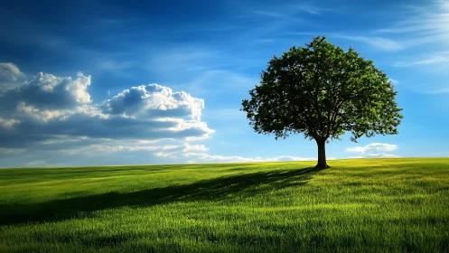 Lone Tree on Green Field Under Blue Sky, Photorealistic Landscape.
