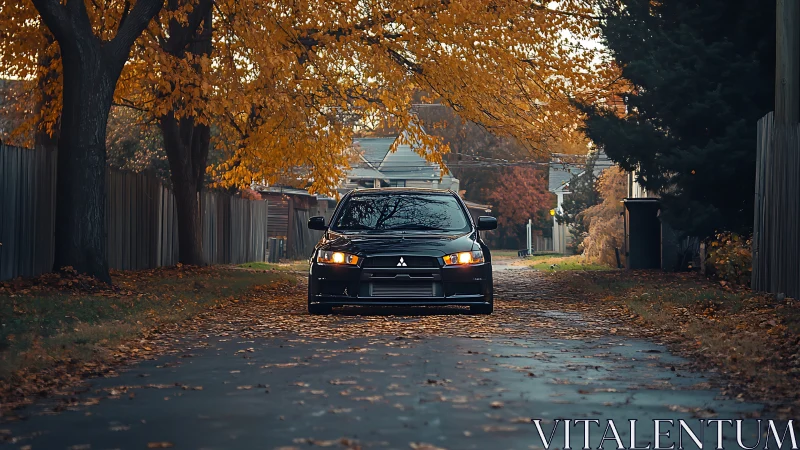 Lowered black sedan aligned on autumn lane with centered perspective