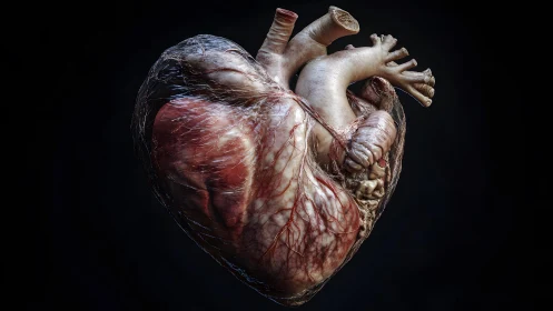 Hyper-realistic anatomical human heart against dark background.