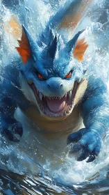 Water dragon monster bursts forward through crashing surf