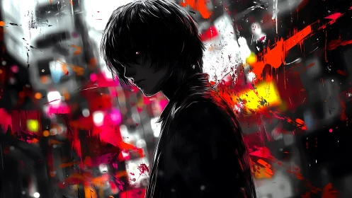 Brooding anime loner cuts silhouette through neon chaos.