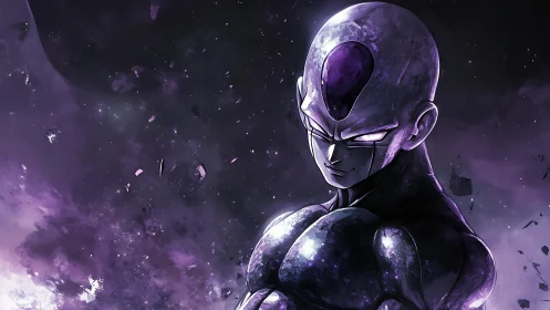 Armored alien warrior stands under fractured cosmic void