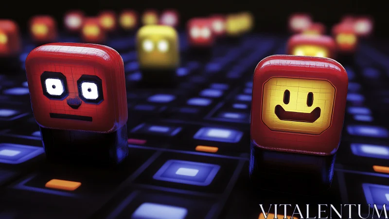 Contrasting emoticon cubes on neon-lit digital gridscape.