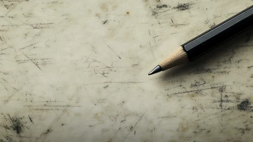 Sharpened black pencil on worn, scratched paper surface.