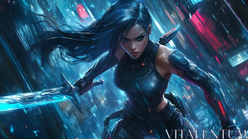 Cybernetic swordswoman in neon rain-soaked city alleyway.