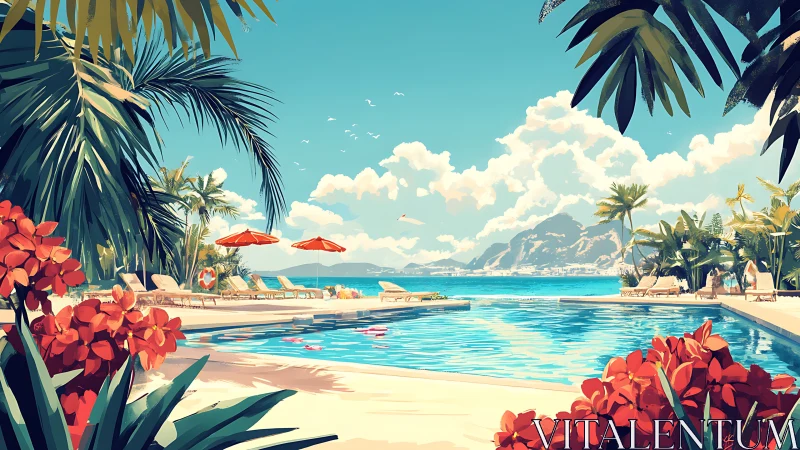 Tropical Beachfront Resort Pool with Turquoise Waters and Palm Fronds.