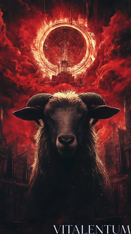 Midnight ram beneath a burning celestial gateway.