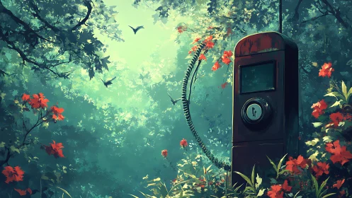 Retro charging station reclaimed by lush forest light.