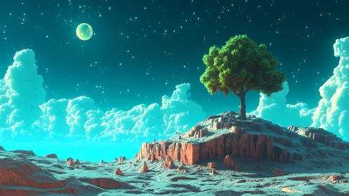 Lonely emerald tree dreams loudly on a turquoise alien night