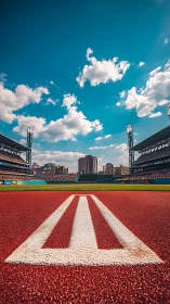 Low-angle baseball field runway lines frame urban stadium vista