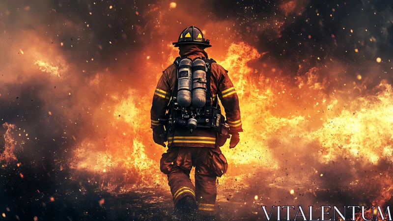 Firefighter Advancing Through Intense Inferno.