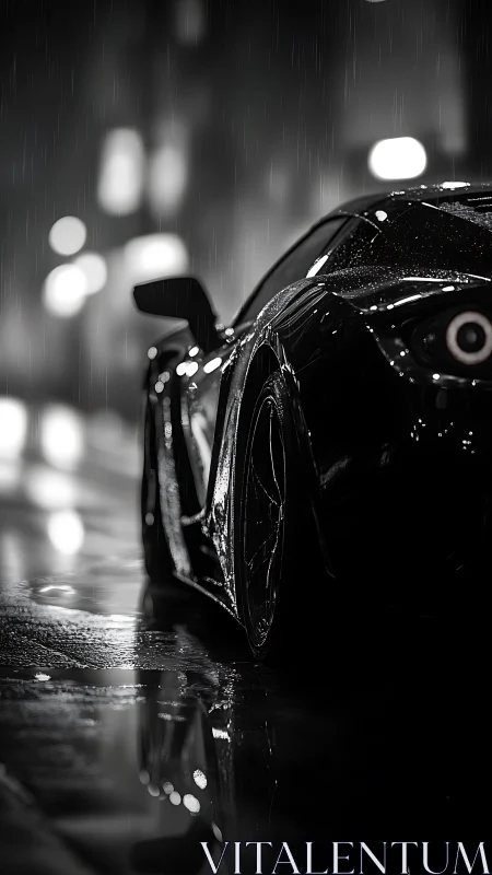 Rear quarter view shows wet sports car in rainy night street
