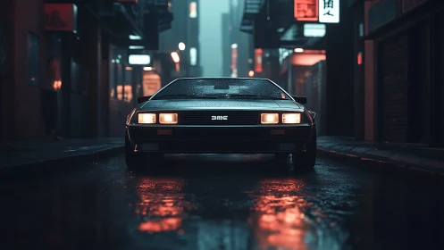 Retro DMC sports car in neon-lit rainy alleyway at night.