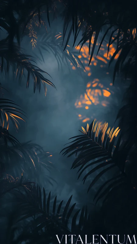 Moody jungle foliage frames warm cinematic backlight.