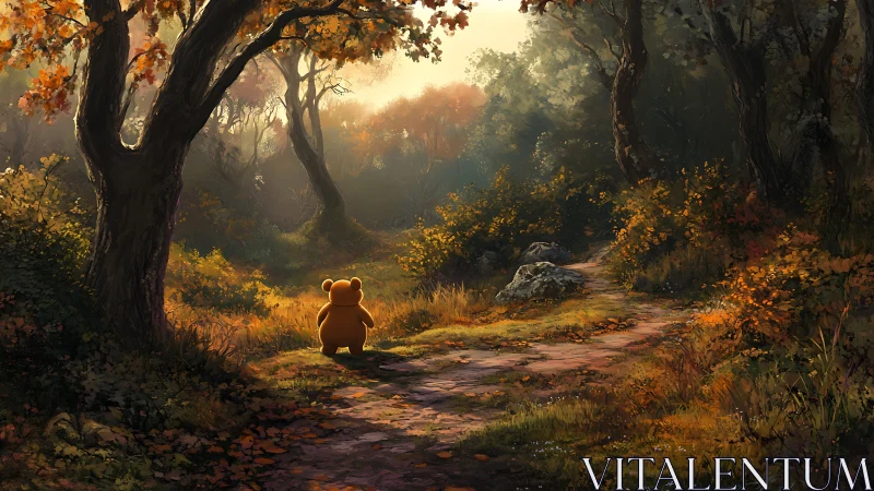 Small bear walks sunlit autumn forest path alone.