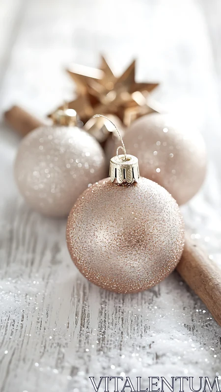 Soft blush Christmas baubles on frosted wooden surface.