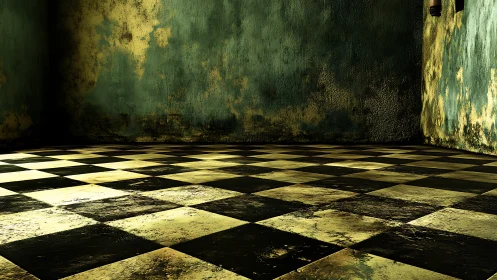 Worn checkerboard floor in aged, stained interior room.