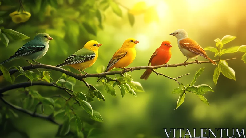 Colorful birds perched on leafy branch, glowing sunlight, nature art.