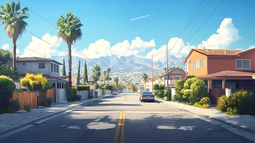 Sunlit suburban arterial with axial vanishing toward hazy ranges.