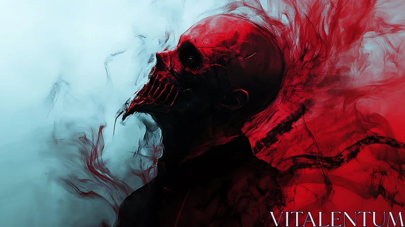 Red skeletal humanoid profile dissolves into drifting smoke