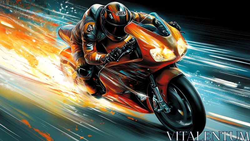 Blazing orange sport bike rider racing through glowing night.