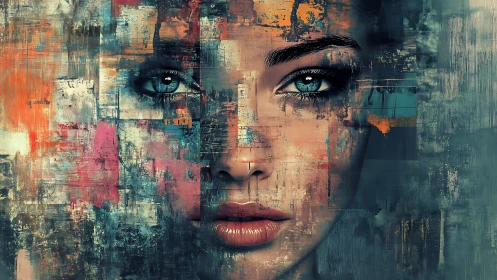 Pixel storms gather as a painted cyber-muse gazes back