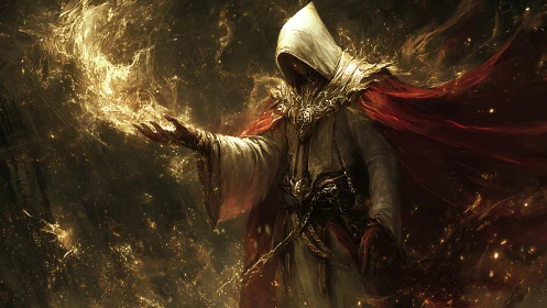 Hooded pyromancer conjuring golden arcane flame in darkness