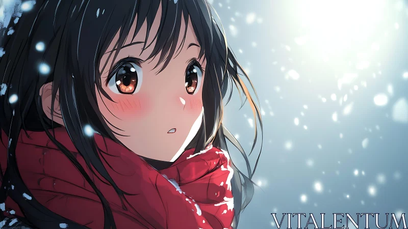 Snowlit blush and red scarf wonder on a winter hush.