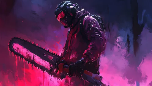 Neon chainsaw warrior standing in a haze of electric color.