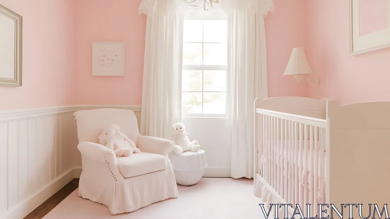Soft pink baby nursery with crib, armchair, and toys.