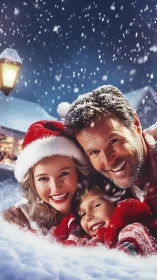 Family in winter clothing in night snowfall outdoors scene.