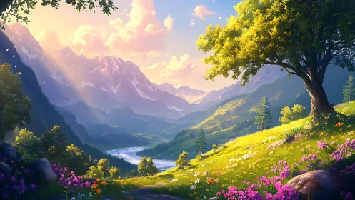 Sunlit mountain valley with river, trees, and wildflowers