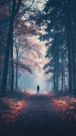 Solitary figure advances through misted, cinematic forest path