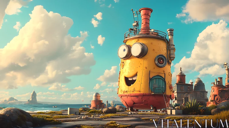 Whimsical robot house overlooks bright coastal outpost