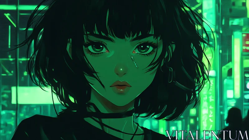 Neon city girl with quiet cyberpunk confidence and charm.
