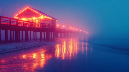 Cozy pier house glowing softly in the dreamy seaside mist.