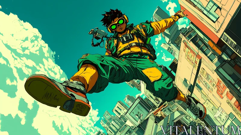 Urban rooftop jumper in stylized futuristic cityscape scene.